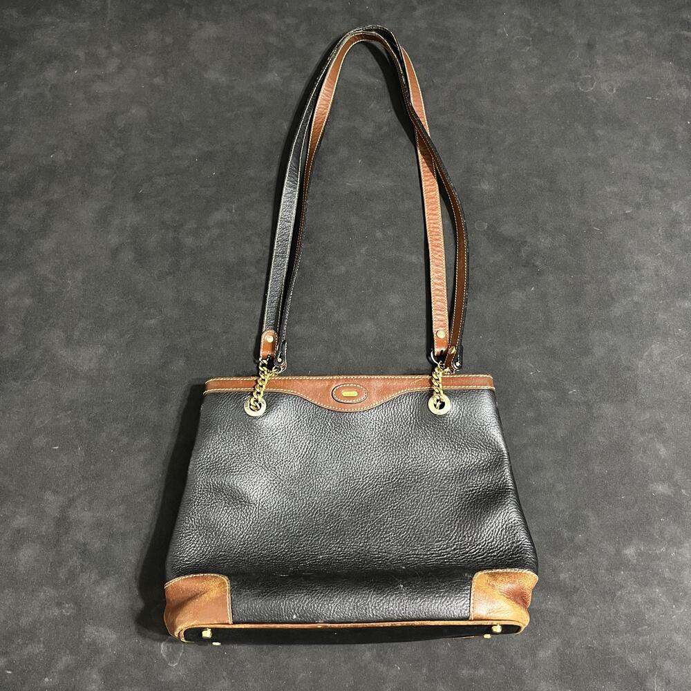 Vintage Bally Shoulder Bag Womens Medium Black Leather Brown Trim Zip Purse